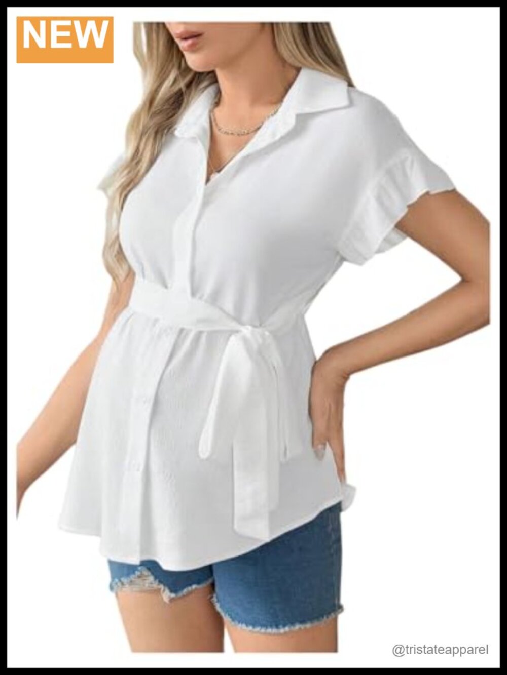 Maternity Nursing Work Blouse Ruffle Flared Hem Short Sleeve Polyester